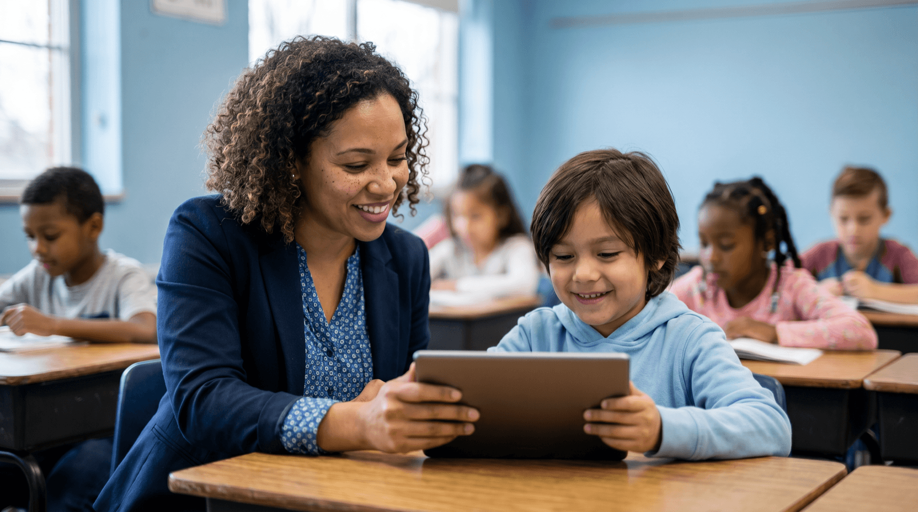 Teacher helping a young student use a tablet in a classroom